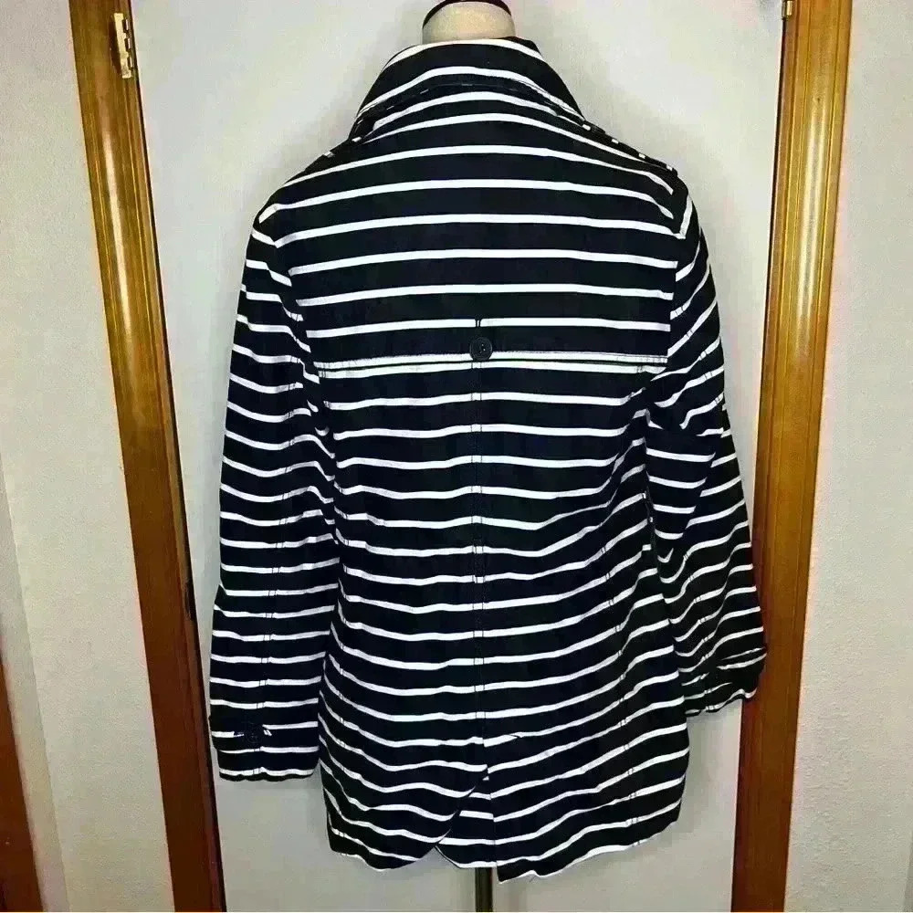 Gap Long Jacket Button Up Coat Women Medium Blue White Stripe Cotton Preppy - Picture 6 of 11